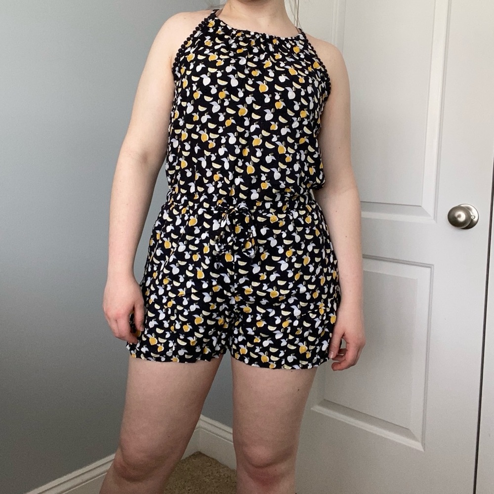 LOFT Navy Blue Romper with Fruit & Pom Pom Detailing